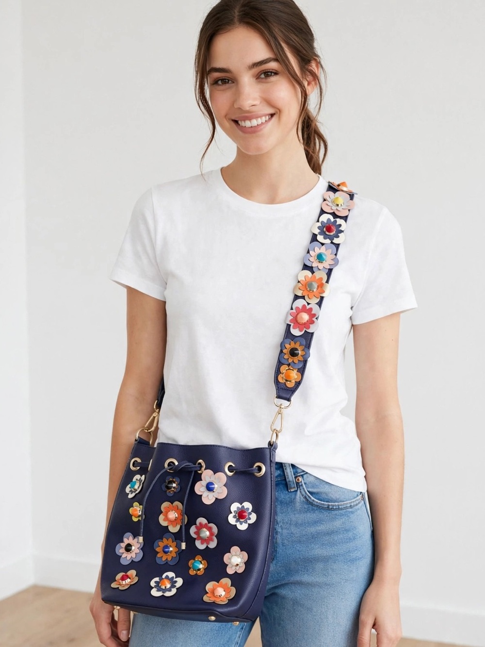Urban Expressions Embellished Appliqué Floral Crossbody Bag - Navy